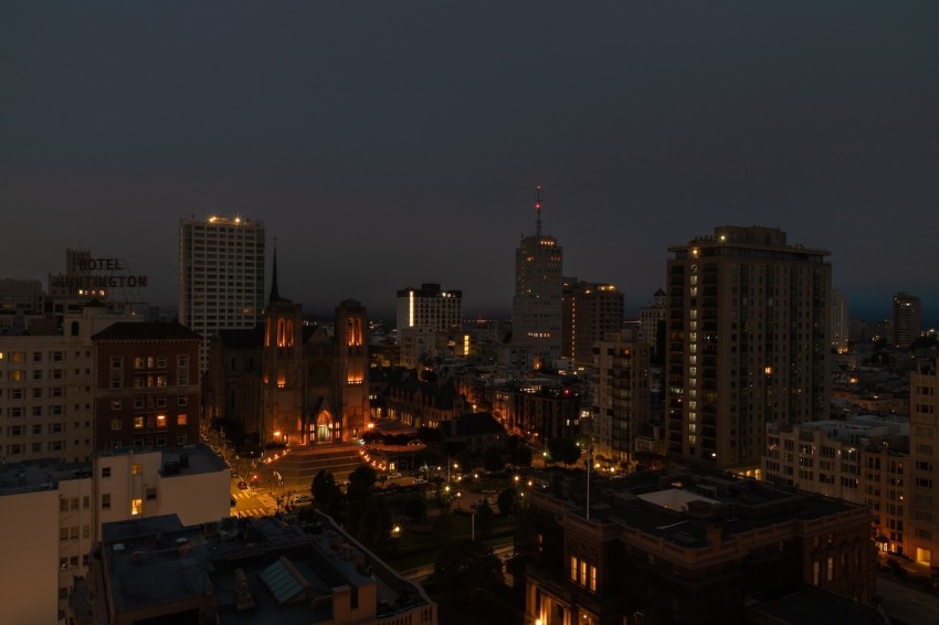San Francisco’s Nob Hill, dominated by Grace Cathedral, at night. 