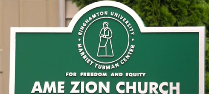 A historic marker placed in June 2024 in honor of Trinity African Methodist Episcopal Zion Church of Binghamton, New York, for their contributions to the Underground Railroad during the Antebellum era. 