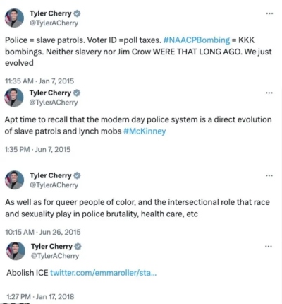 Tyler Cherry specifically called for the abolition of ICE (International Immigration Services) and compared modern-day police to a “slave patrol,” according to recently revealed tweets from years ago.