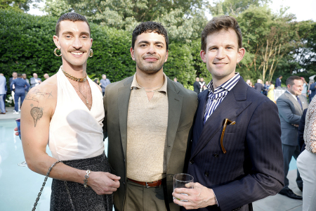 From (L-R) Tyler Cherry, Michael Vazquez, and Jamie Citron attend a pride celebration hosted by the Vice President of the United States Kamala Harris and Mr. Emhoff in collaboration with GLAAD on June 28, 2023, in Washington, D.C.