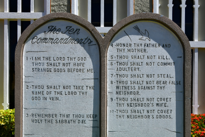 The Ten Commandments is featured in two tablets in front of the Catholic Cathedral of Our Lady of Mount Carmel Cathedral in Charan, Saipan, Commonwealth of the Northern Mariana Islands. 