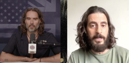 Russell Brand talks to 'The Chosen' actor Jonathan Roumie on June 21, 2024.