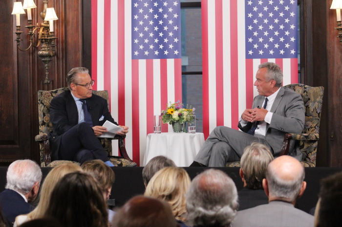 Independent presidential candidate Robert F. Kennedy Jr. (R) talks with host Eric Metaxas (L) in his Manhattan-based conversation series “Socrates in the City” on Tuesday June 25, 2024. 