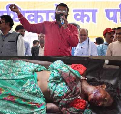 Top: An unidentified man speaks out at a June 24 protest following the death of Bindu Sodhi in Chhattisgarh, India. Bottom: The deceased body of Bindu Sodhi. 