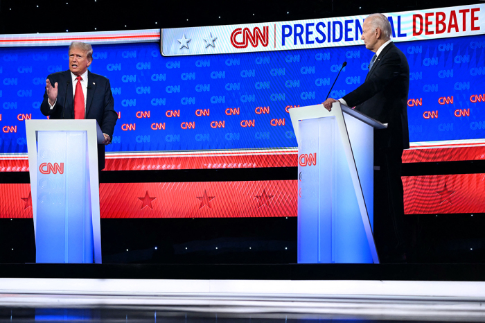 President Joe Biden and former President and Republican presidential candidate Donald Trump participate in the first presidential debate of the 2024 elections at CNN's studios in Atlanta, Georgia, on June 27, 2024. 