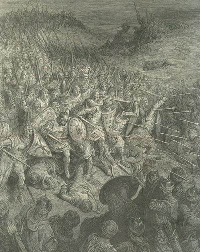A 19th century depiction of the Battle of Dorylaeum, a 1097 fight between Christian and Muslim armies during the First Crusade. 