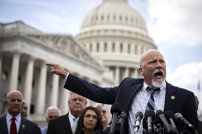 Rep. Chip Roy, R-Texas, speaks at a news conference with members of the House Freedom Caucus outside the U.S. Capitol on September 12, 2023, in Washington, D.C. 