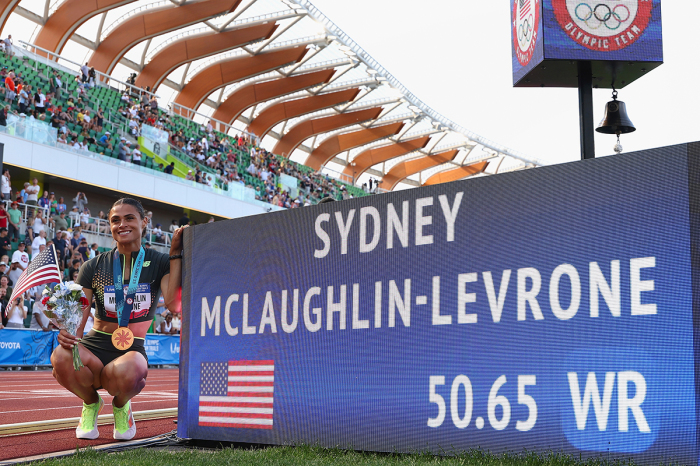 Gold medalist Sydney McLaughlin-Levrone poses with her new world record in the women's 400 meter hurdles final on Day 10 of the 2024 U.S. Olympic Team Track & Field Trials at Hayward Field on June 30, 2024, in Eugene, Oregon. 