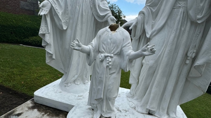 A vandal decapitated a statue of Jesus outside the Holy Family Roman Catholic Church in Flushing, Queens, on June 30, 2024, according to the Diocese of Brooklyn.