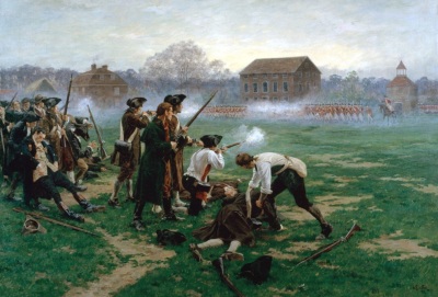 The 1775 Battle of Lexington, which began the American Revolution, as depicted in a 1910 portrait by William Barnes Wollen.