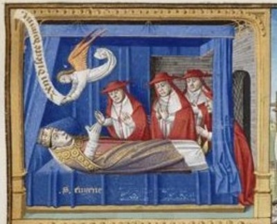 A 15th century depiction of the 1153 death of Pope Eugene III, also known as Pope Eugenius. 