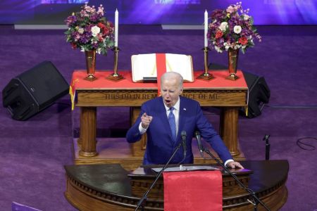 U.S. President Joe Biden speaks during a campaign stop at Mt. Airy Church of God in Christ on July 7, 2024 in Philadelphia, Pennsylvania. President Biden continued to campaign amid mounting pressure for him to drop out from running for his re-election bit.