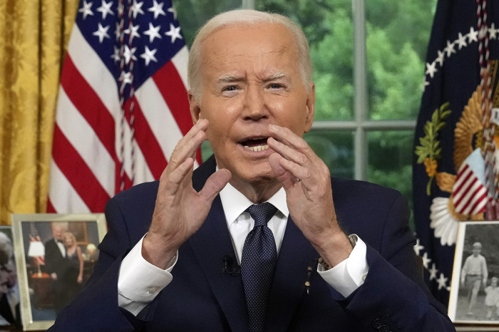 President Joe Biden delivers a nationally televised address from the Oval Office of the White House on July 15, 2024, in Washington, DC. The president was expected to elaborate on remarks made at a news conference earlier in the day regarding Saturday's assassination attempt on his rival, former President Donald Trump, in Butler, Pennsylvania, in which the latter was wounded at a campaign rally. 