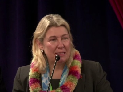 The Rev. Kristin Stoneking speaks after being elected bishop by The United Methodist Church Western Jurisdiction on July 12, 2024, in Spokane, Washington. She has become the third bishop elected in the UMC who is in a same-sex marriage. 