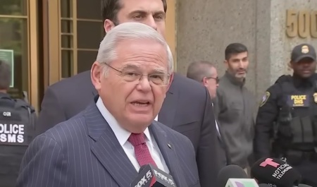 U.S. Sen. Bob Menendez, D-N.J., gives remarks after a jury found him guilty on 16 charges of corruption on July 16, 2024.