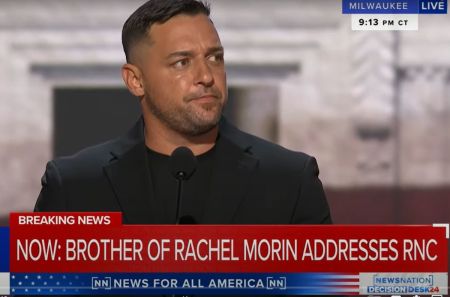 Michael Morin, brother of Rachel Morin, speaks during the Republican National Convention in Milwaukee, Wisconsin, on July 16, 2024.