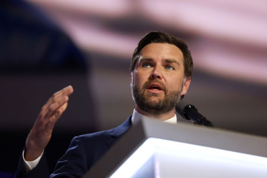 Republican vice presidential candidate, U.S. Sen. J.D. Vance, R-Ohio, speaks on stage on the third day of the Republican National Convention at the Fiserv Forum on July 17, 2024 in Milwaukee, Wisconsin.