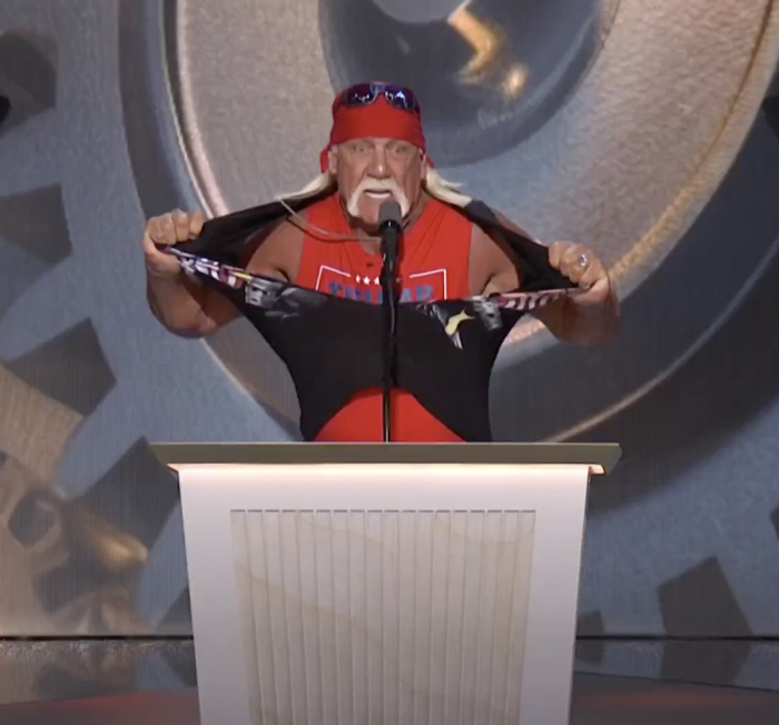 Hulk Hogan rips off his shirt while making a speech in front of former President Donald Trump at the 2024 Republican National Convention on July 18, 2024. 