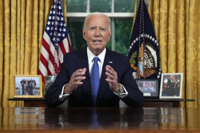 President Joe Biden speaks during an address to the nation about his decision to not seek reelection, in the Oval Office at the White House in Washington, D.C., on July 24, 2024. Biden was to explain his historic decision to drop out of the 2024 election after the White House denied any cover up over his health. 