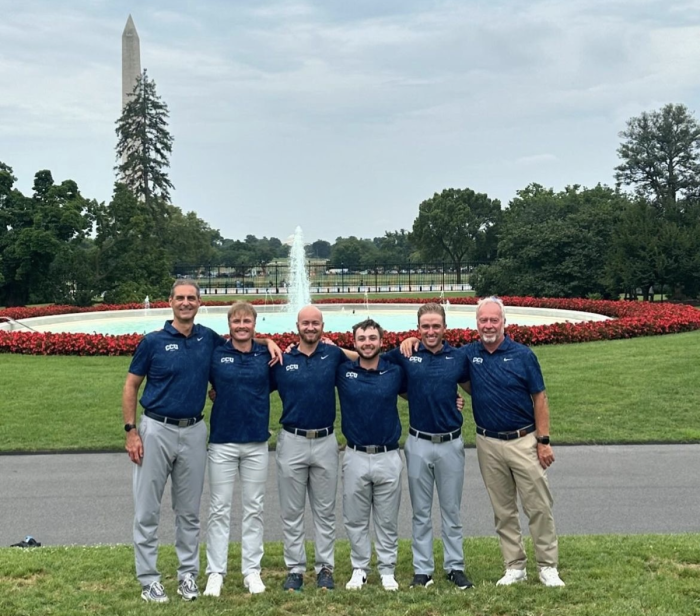 Members of the Colorado Christian University Men's Golf Team pose for a picture at the White House, July 22, 2024. From left: Head Coach Mark Hull, Adam Duncan, Cameron Sandland, Peyton Jones, Assistant Coach Stan Sayers. 