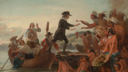 Roger Williams (c.1603-1683), founder of Providence colony and supporter of the separation of church and state, landing in what is now Rhode Island in 1636.