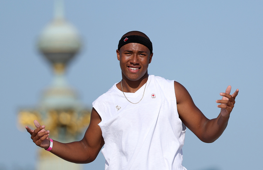 Cordano Russell of Team Canada reacts during the Men's Street Finals on day three of the Olympic Games Paris 2024 at Place de la Concorde on July 29, 2024, in Paris, France.