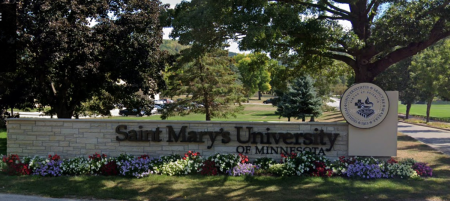 A sign welcomes visitors to the campus of St. Mary's University of Minnesota in Winona, Minnesota.