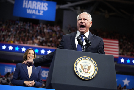 Democratic vice presidential candidate Minnesota Gov. Tim Walz speaks during a campaign rally with Democratic presidential candidate, U.S. Vice President Kamala Harris, at Girard College on August 6, 2024, in Philadelphia, Pennsylvania. Harris ended weeks of speculation about who her running mate would be, selecting the 60-year-old midwestern progressive governor over other candidates.
