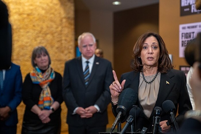 Vice President Kamala Harris speaks during a visit to Minnesota on March 14, 2024. Behind her is Minnesota Gov. Tim Walz, whom she recently named as her vice presidential running mate. 