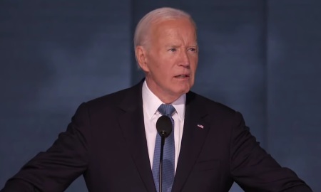 President Joe Biden speaks at the Democratic National Convention in Chicago, Illinois, on Monday, Aug. 19, 2024.