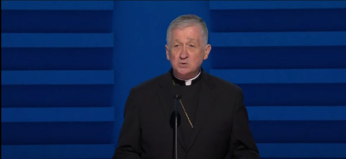 Cardinal Blase Cupich of the Roman Catholic Archdiocese of Chicago gives an invocation at the Democratic National Convention in Chicago, Illinois, Aug. 19, 2024. 