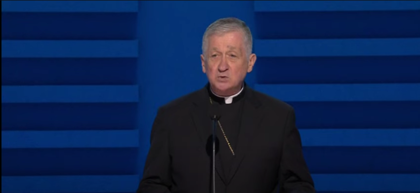 Cardinal Blase Cupich of the Roman Catholic Archdiocese of Chicago gives an invocation at the Democratic National Convention in Chicago, Illinois, Aug. 19, 2024.