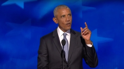 Former President Barack Obama delivers an address at the Democratic National Convention in Chicago, Illinois, on Aug. 20, 2024.