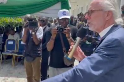 Pastor William Devlin speaks during a press conference on Aug. 8, 2024, at the Plateau State Hospital in Nigeria to celebrate the delivery of medical supplies.