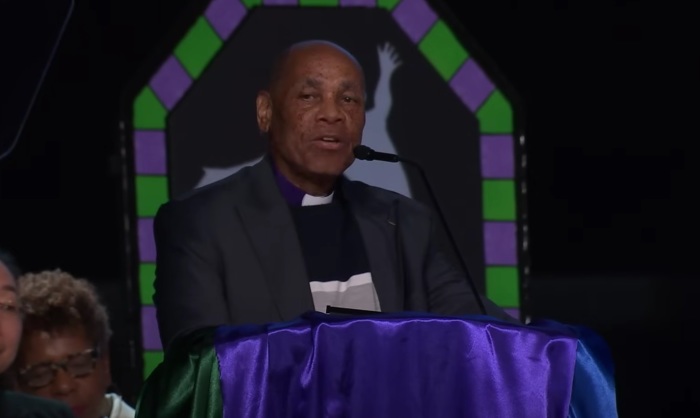 United Methodist Church Bishop Eben Nhiwatiwa of Zimbabwe gives remarks at the UMC General Conference on April 27, 2024. 