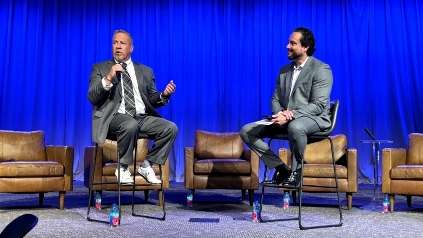 Coach Joe Kennedy, left, speaks with Christian Post reporter and podcaster Ian M. Giatti during a "Politics in the Pews" event at Fellowship Church in Grapevine, Texas, on Aug. 27, 2024.