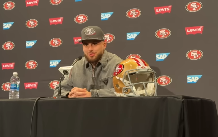 Wide receiver Ricky Pearsall speaks during his introductory press conference with the San Francisco 49ers in April 2024. 