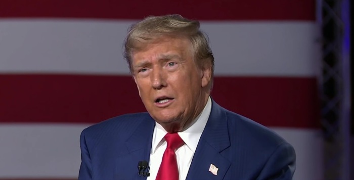 Former president and current Republican presidential hopeful Donald Trump speaks with Sean Hannity at a town hall event in Harrisburg, Pennsylvania, that was broadcast on Tuesday, Sept. 4, 2024. 