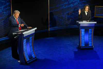 Former President Donald Trump, the Republican presidential nominee, speaks during a presidential debate with Vice President Kamala Harris, the Democratic presidential candidate, at the National Constitution Center in Philadelphia, Pennsylvania, on Sept. 10, 2024. 