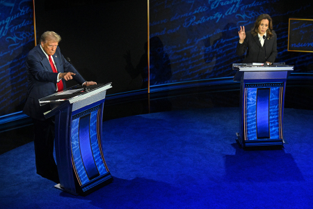 Former President Donald Trump, the Republican presidential nominee, speaks during a presidential debate with Vice President Kamala Harris, the Democratic presidential candidate, at the National Constitution Center in Philadelphia, Pennsylvania, on Sept. 10, 2024.