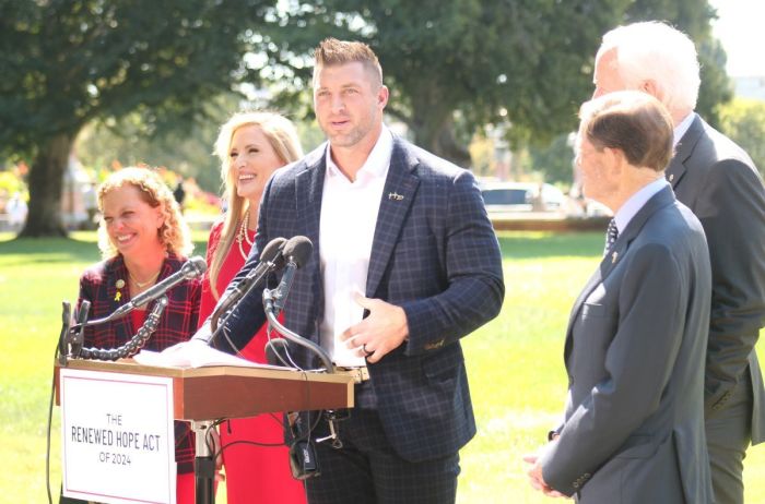 Tim Tebow (C) discusses the Renewed Hope Act of 2024 at the U.S. Capitol on Sept. 10, 2024. Sens. John Cornyn (R) and Richard Blumenthal (R), and Reps. Laurel Lee (L) and Debbie Wasserman (L) introduced the legislation.