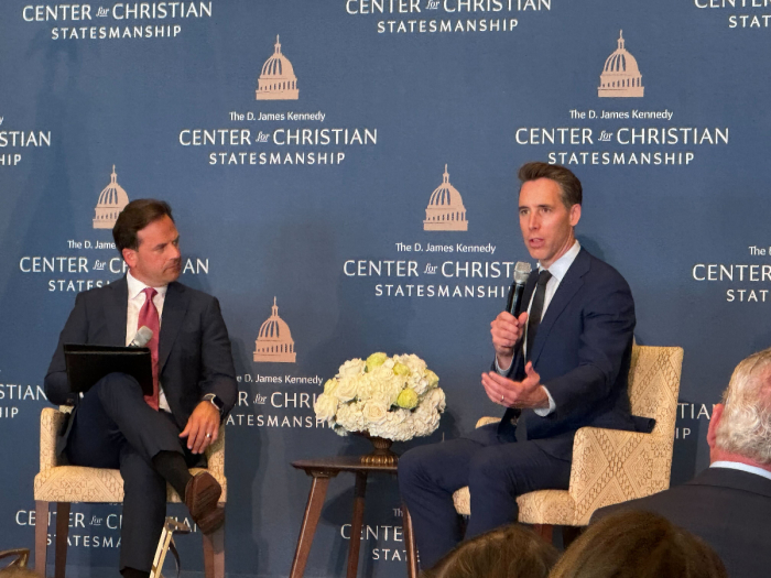 Sen. Josh Hawley, R-Mo., speaks with Dr. Robert Pacienza, CEO and president of Coral Ridge Ministries, after receiving the ministry's Distinguished Christian Statesman Award at the Museum of the Bible in Washington, D.C., Sept. 11, 2024. 