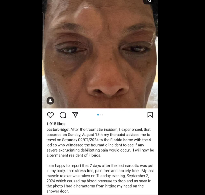 Bridget Hilliard, co-founder of New Light Church in Houston, Texas, says she suffered a hematoma on August 18, 2024, as a result of a “traumatic incident.”