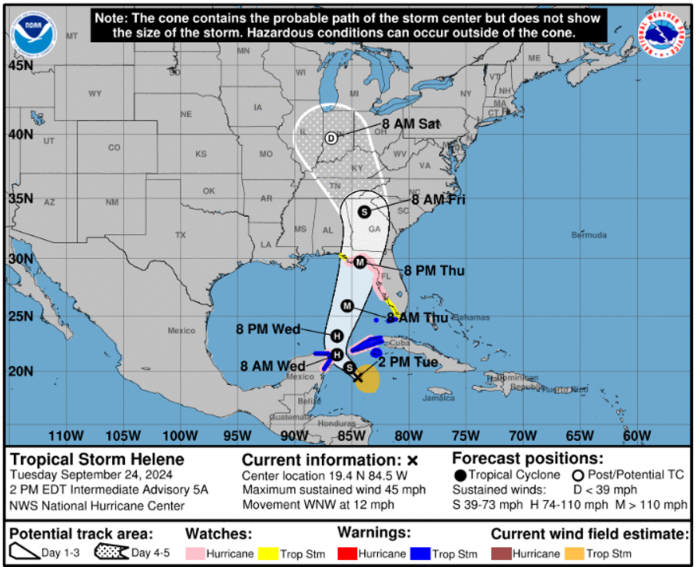 The projected path of Tropical Storm Helene, as of Tuesday afternoon Sept. 24, 2024, is shown in this graphic shared by the National Hurricane Center.