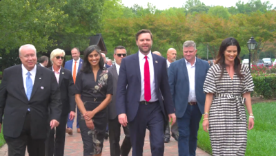 Republican Vice Presidential candidate J.D. Vance (center) visits the Billy Graham Library in Charlotte, North Carolina, on Sept. 23, 2024. 