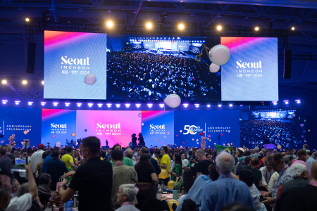 Delegates celebrate the 50th anniversary of the Lausanne Movement during the Fourth Lausanne Congress on World Evangelization in Incheon, South Korea, on Sept. 24, 2024.