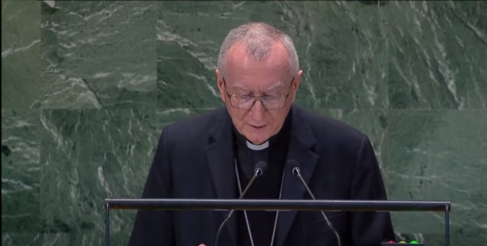 Cardinal Pietro Parolin, the Vatican's secretary of state, delivers remarks at the United Nations Summit of the Future at the U.N. Headquarters in New York City, Sept. 23, 2024. 