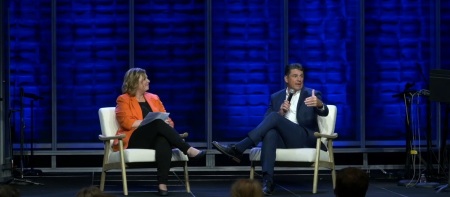 Pastor Ryan Binkley, a former Republican presidential candidate, speaks with Christians Engaged CEO Bunni Pounds at the Christians Engaged Conference at Sojourn Church of Carrollton, Texas, on Sept. 28, 2024.