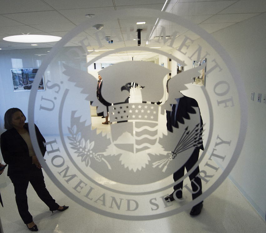 The Department of Homeland Security logo is seen at the new ICE Cyber Crimes Center expanded facilities in Fairfax, Va., July 22, 2015. The forensic lab combats cybercrime cases involving underground online marketplaces, child exploitation, intellectual property theft and other computer and online crimes.