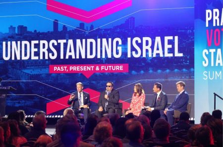 FRC President Tony Perkins (L) leads a panel on Israel during the Pray Vote Stand summit in Washington, D.C., on Oct. 3, 2024. A.J. Nolte (L), Michele Bachmann (C), Daniel Cohen (R) and Pastor Gary Hamrick (R) spoke on the panel.
